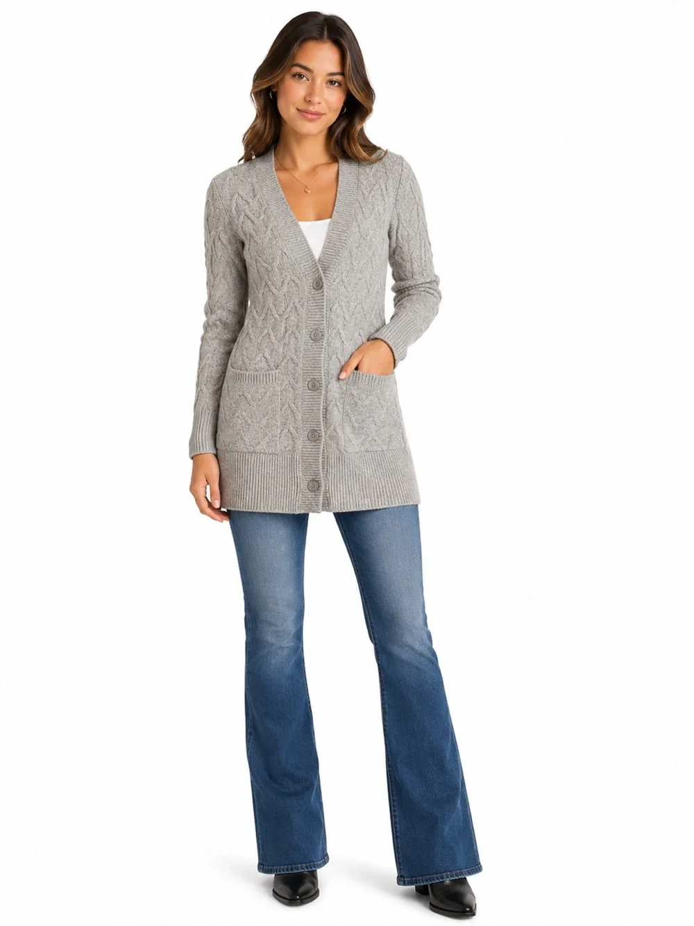 LOFT Light Gray Cable Knit Cardigan